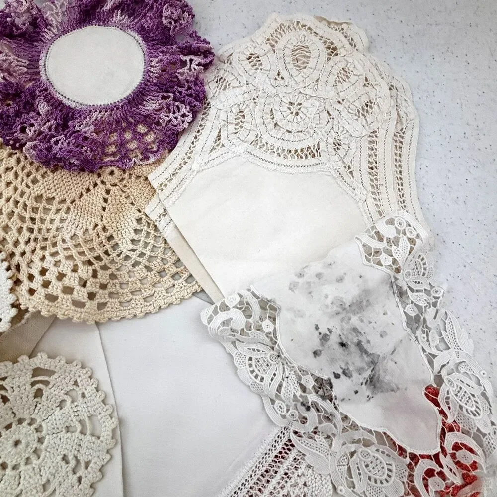 Vintage Cutter Linen Lot Doilies Eyelet Crochet Cottagecore Crafts Sewing